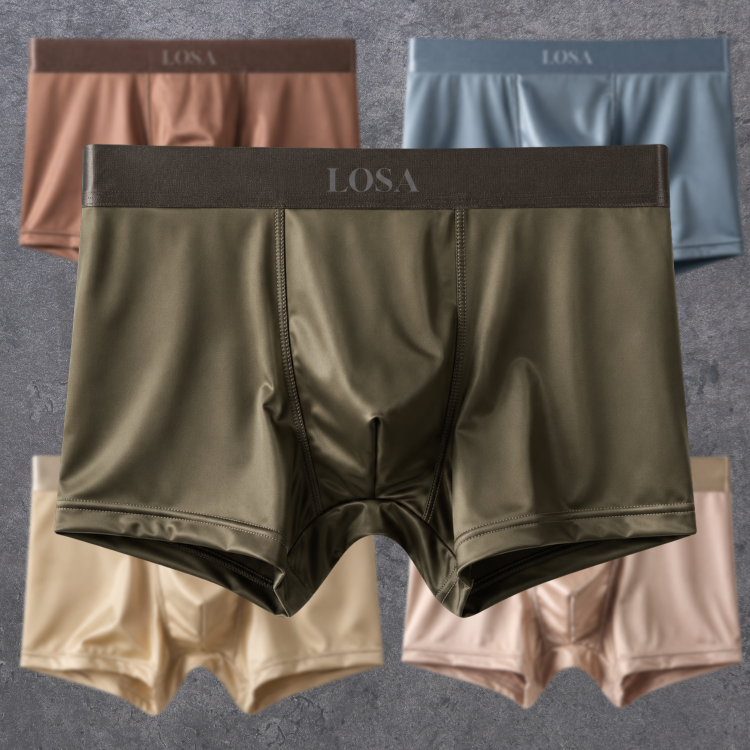 Boxer uomo LOSA Cool Silk — verde Olive premium in primo piano con Brown, Ice Blue, Champagne e Peach sullo sfondo. Seta ghiaccio multicolore.